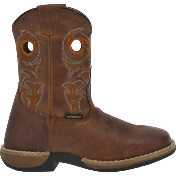 side view of children's cowboy boot with brown and white embroidery and pull holes