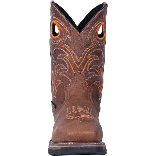 front view of cowboy boot with orange and white embroidery and pull holes