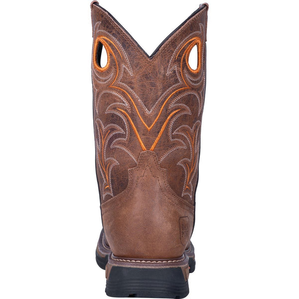rear view of cowboy boot with orange and white embroidery and pull holes