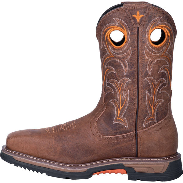 side view of cowboy boot with orange and white embroidery and pull holes