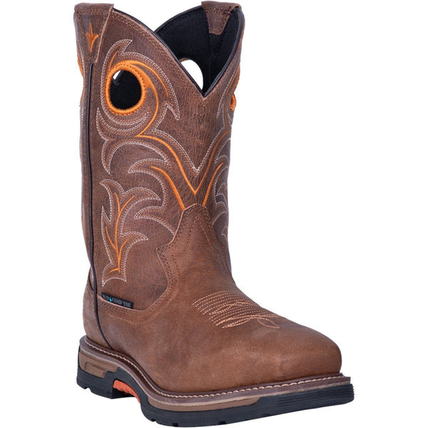 cowboy boot with orange and white embroidery and pull holes