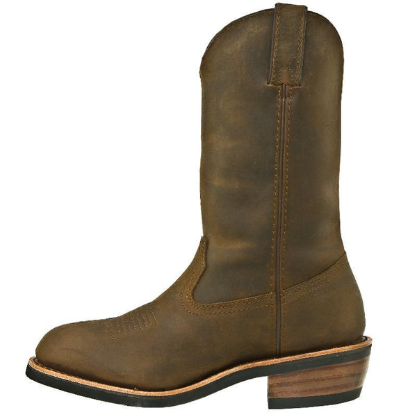 side view of green/brown pull up cowboy style work boot