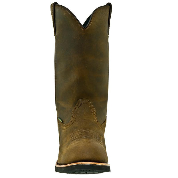 front view of green/brown pull up cowboy style work boot