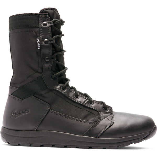 side view of high top black boot with black laces