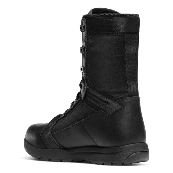angled rear view of high top black boot with black laces