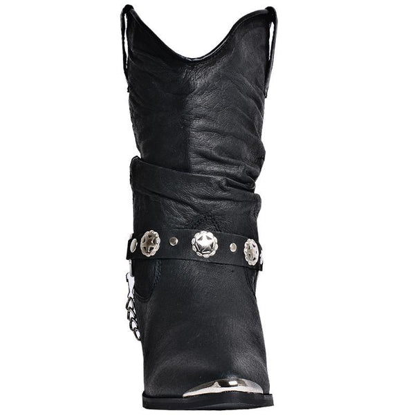 front view of black cowgirl boot with silver chain hooked on leather belt with metal stars on it