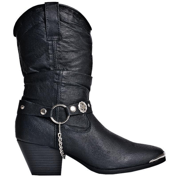 alternative side view of black cowgirl boot with silver chain hooked on leather belt with metal stars on it
