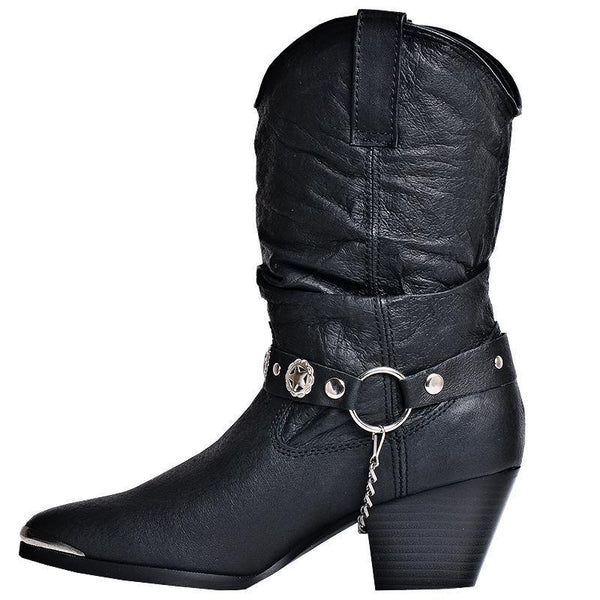 side view of black cowgirl boot with silver chain hooked on leather belt with metal stars on it
