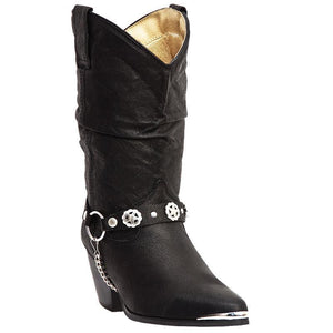 black cowgirl boot with silver chain hooked on leather belt with metal stars on it