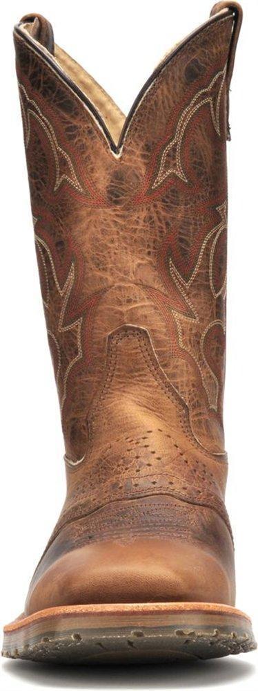 front view of side view of brown cowboy boot with white embroidery and square toe