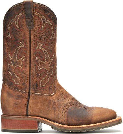 brown cowboy boot with white embroidery and square toe