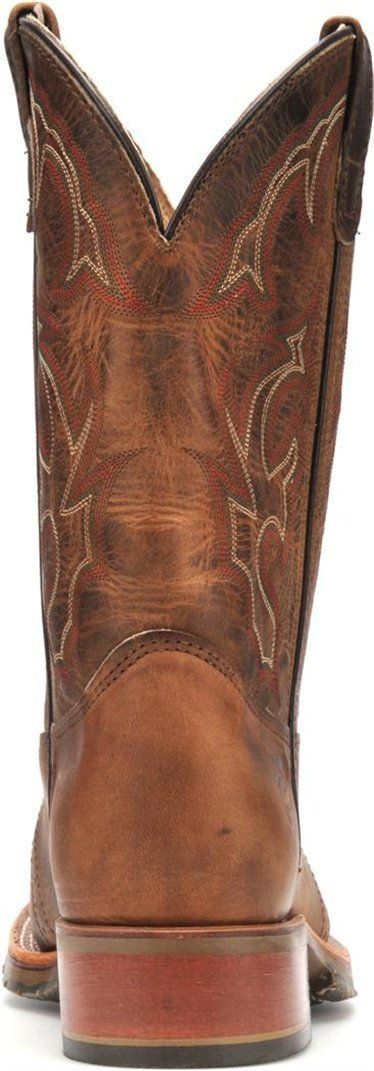 rear view of side view of brown cowboy boot with white embroidery and square toe