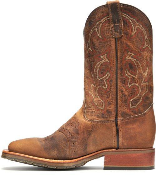side view of brown cowboy boot with white embroidery and square toe