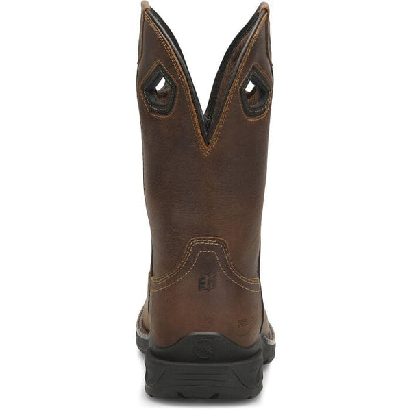 back view of men's tall dark brown pull-on western work boot with light brown stitching
