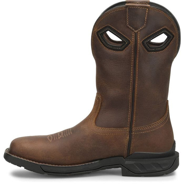 left side view of men's tall dark brown pull-on western work boot with light brown stitching and square toe