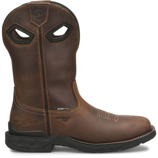right side view of men's tall dark brown pull-on western work boot with light brown stitching and square toe