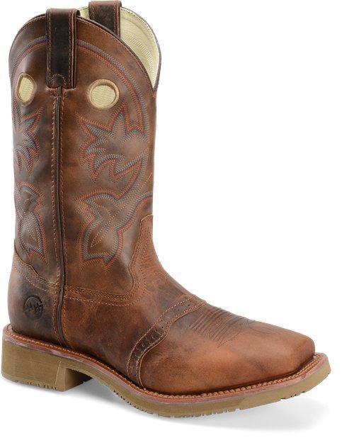 brown and tan cowboy boot with white and orange embroidery and square toe