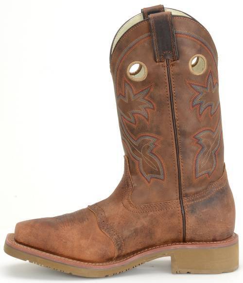 side view of brown and tan cowboy boot with white and orange embroidery and square toe