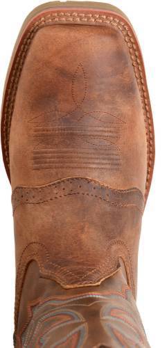 top view of brown and tan cowboy boot with white and orange embroidery and square toe