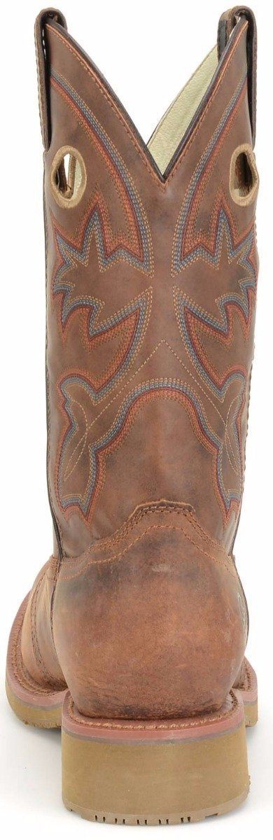 rear view of brown and tan cowboy boot with white and orange embroidery and square toe