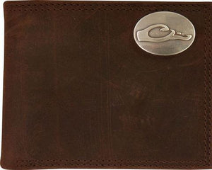 leather wallet with Drake logo on metal emblem in right corner