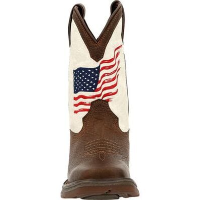front view of pull on square toe kids western cowboy boot with dark brown vamp, pull straps, and hem and white shaft with American flag on front