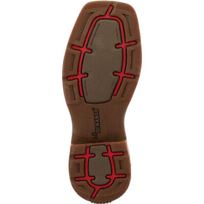 brown bottom sole of kids square toe western cowboy boot with red accents