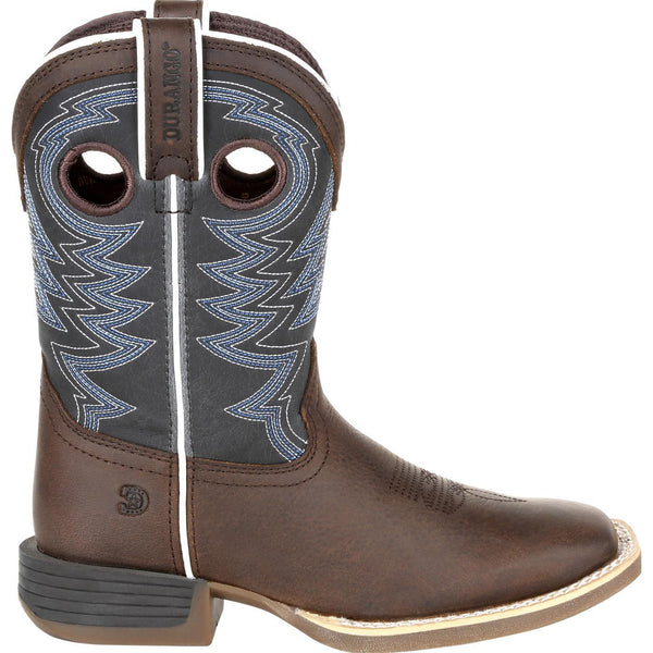 side view of kids cowboy boot with grey shaft with blue and white embroidery and brown vamp