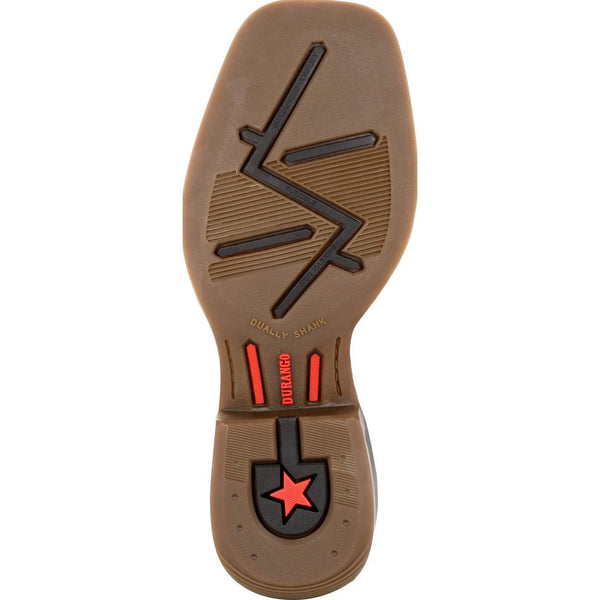 brown sole with black and orange accents and Star on heel