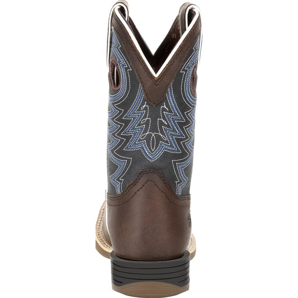 rear view of kids cowboy boot with grey shaft with blue and white embroidery and brown vamp