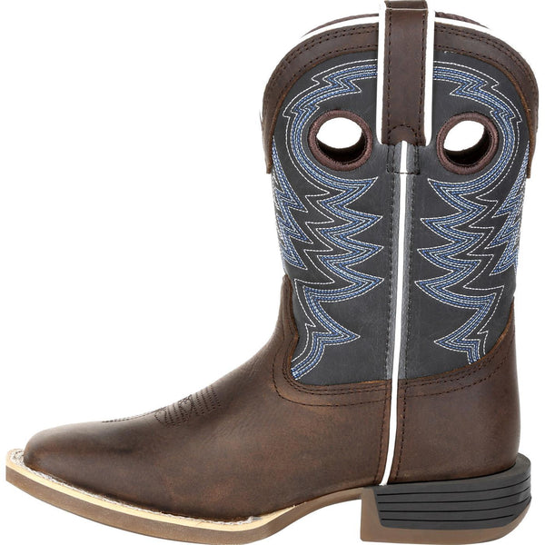 side view of kids cowboy boot with grey shaft with blue and white embroidery and brown vamp