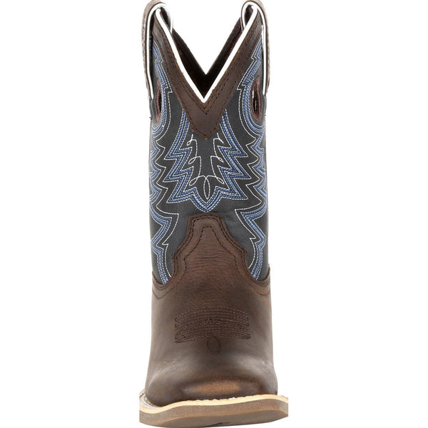 front view of kids cowboy boot with grey shaft with blue and white embroidery and brown vamp