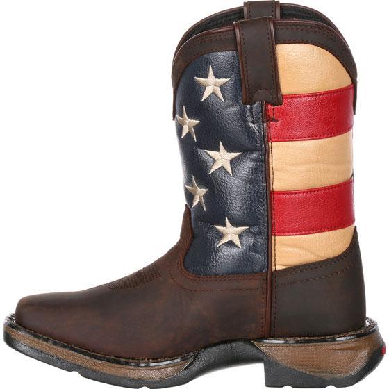alternative side view of kids boot with american flag design on shaft and brown vamp