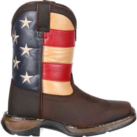 side view of kids boot with american flag design on shaft and brown vamp