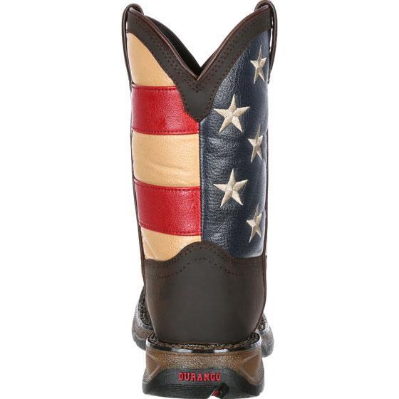 rear view ofkids boot with american flag design on shaft and brown vamp 