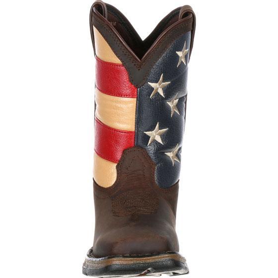 front of kids boot with american flag shaft and dark brown vamp
