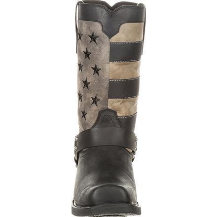 front view of black cowboy boot with black and white american flag shaft
