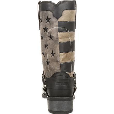 back view of black cowboy boot with black and white american flag shaft