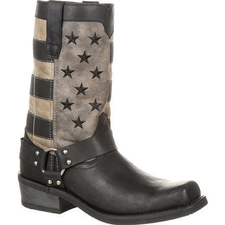 black cowboy boot with black and white american flag shaft