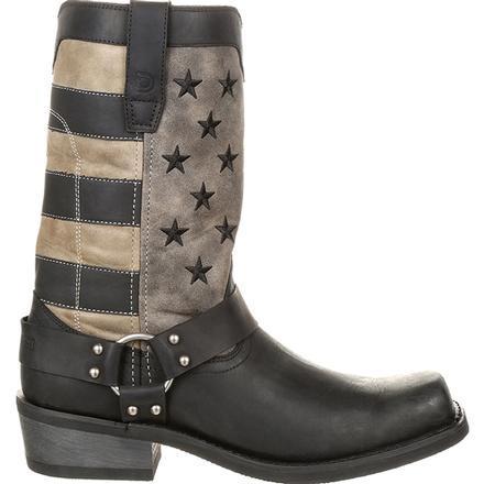 alternate side view of black cowboy boot with black and white american flag shaft