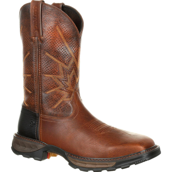 brown ventilated cowboy work boot with brown embroidery and black sole