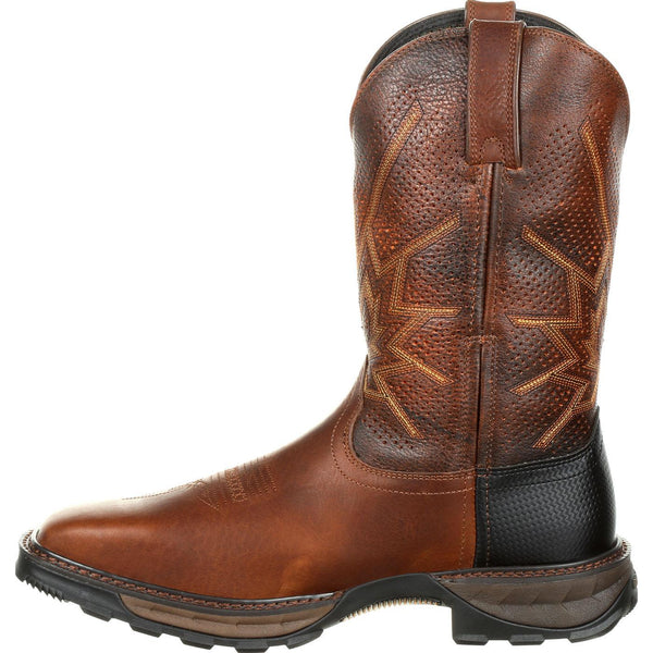 side of brown ventilated cowboy work boot with brown embroidery and black sole
