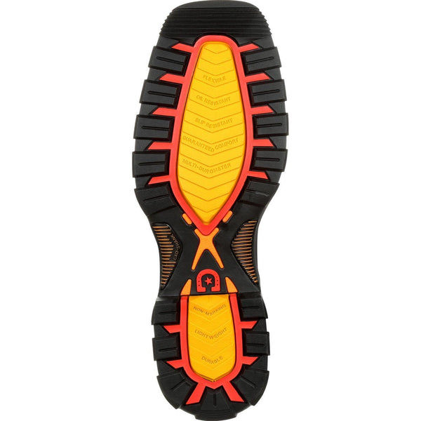 black sole with yellow heel and footbed and red accents