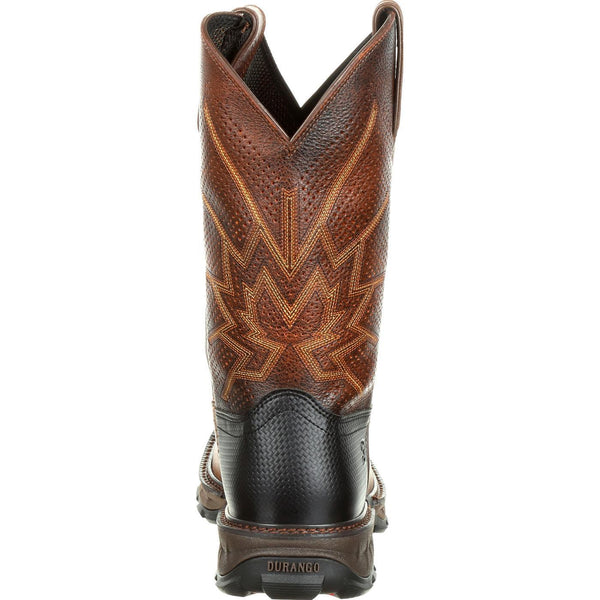rear of brown ventilated cowboy work boot with brown embroidery and black sole