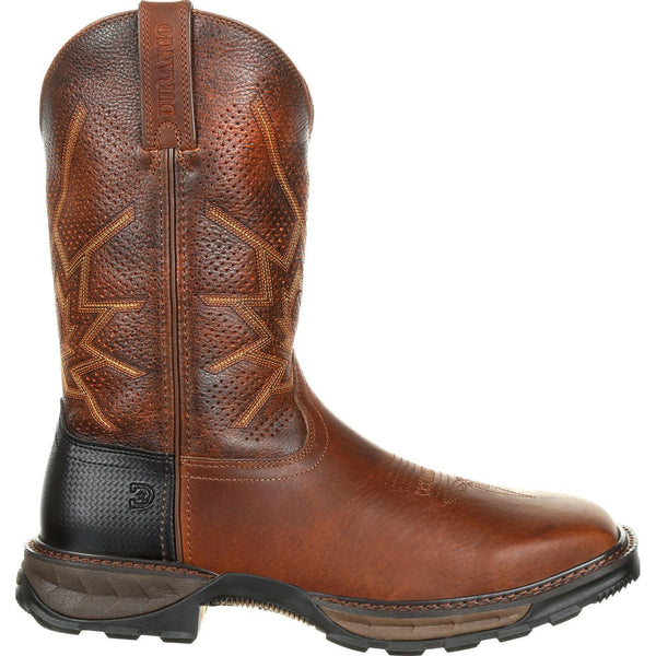 side view of brown ventilated cowboy work boot with brown embroidery and black sole