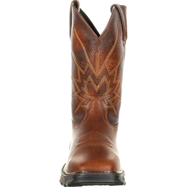 front of brown ventilated cowboy work boot with brown embroidery and black sole