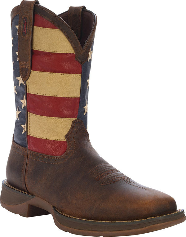 angled view of brown cowboy boot with tan embroidery and square toe