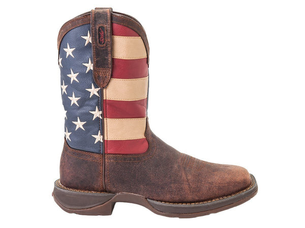 brown cowboy boot with tan embroidery and square toe