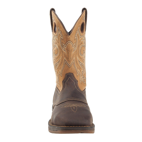 front of two toned cowboy work boot with like brown shaft and dark brown vamp with light brown embroidery 