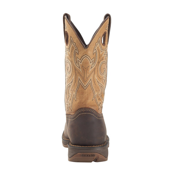 back of two toned cowboy work boot with like brown shaft and dark brown vamp with light brown embroidery 